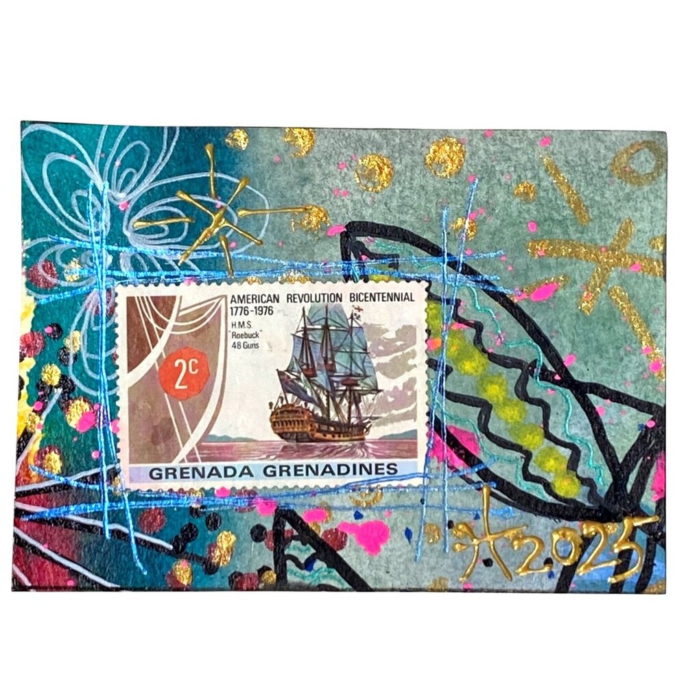 ACEO Original Art Acrylic Mixed Media 3D Paint 1976 Grenada Postage Stamp ATC
